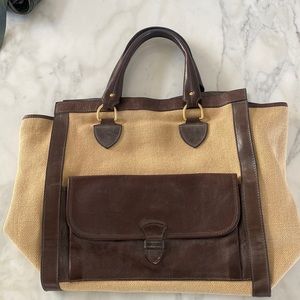 Vintage Barney’s of New York vintage leather and linen tote new at 695.00